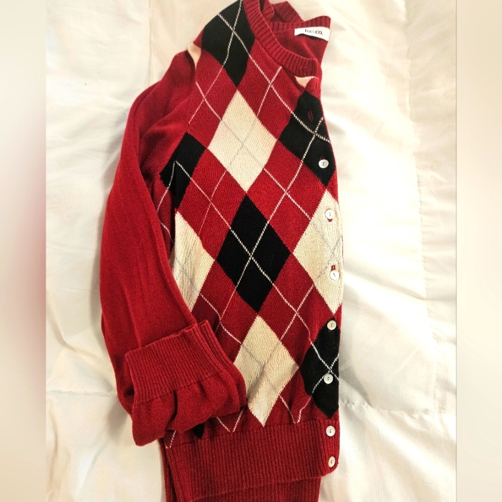 Women's Red/Navy Argyle Long Sleeve Cardigan Size Large By Liz & Co.